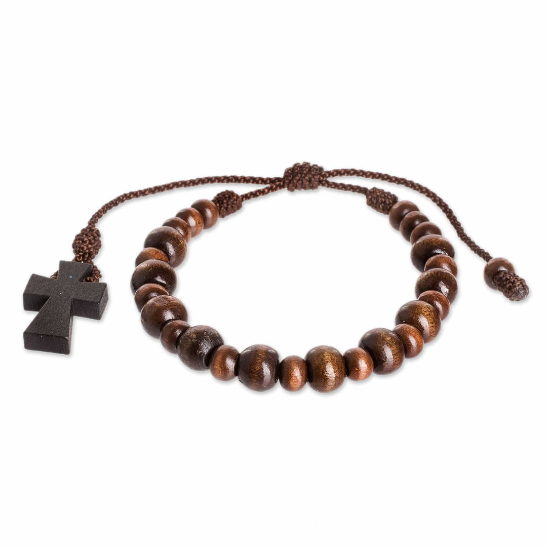 Wood Decennary Rosary Unisex Bracelet with Cross Charm - Circle of Adoration