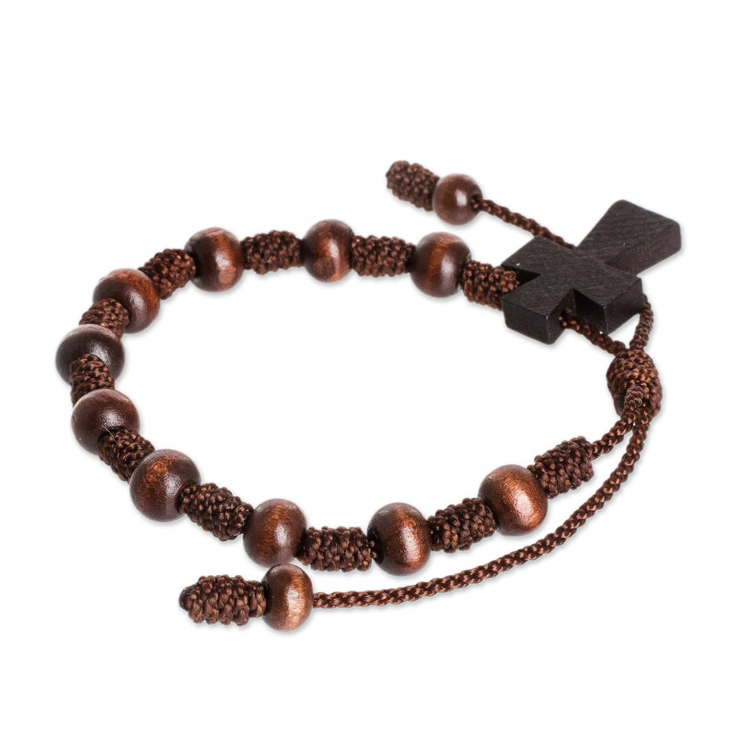 Wood Decennary Rosary Unisex Bracelet with Cross Charm - United Strength