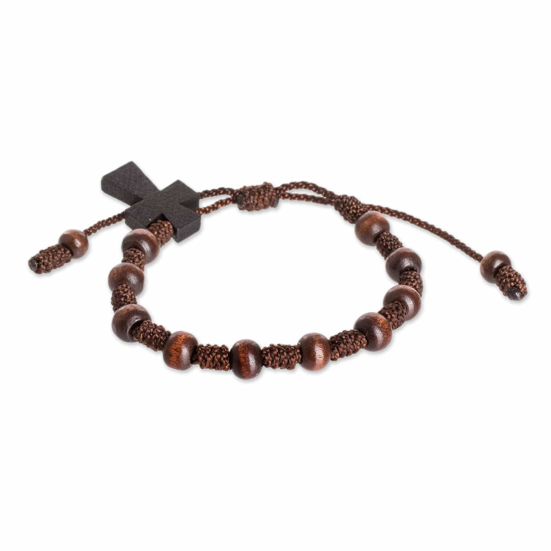Wood Decennary Rosary Unisex Bracelet with Cross Charm - United Strength