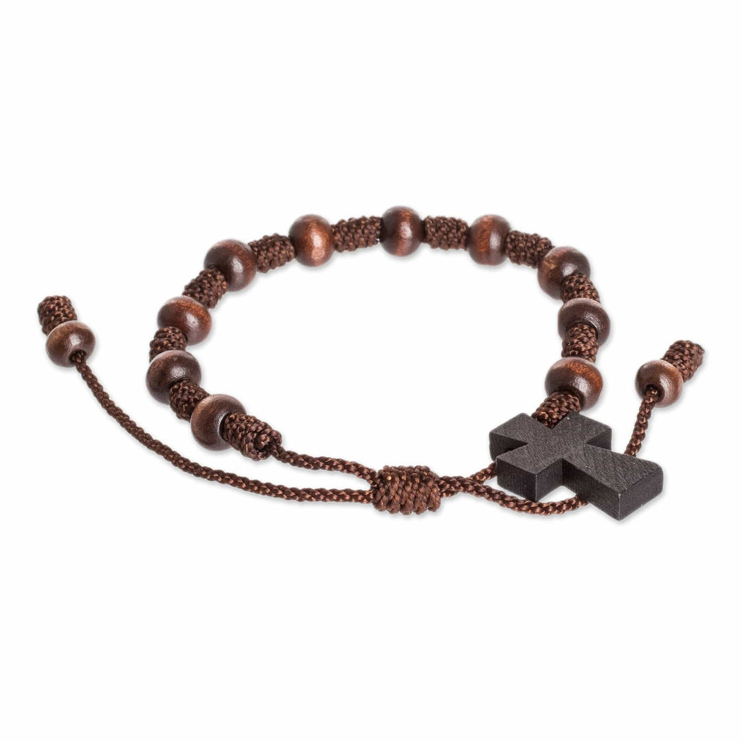 Wood Decennary Rosary Unisex Bracelet with Cross Charm - United Strength