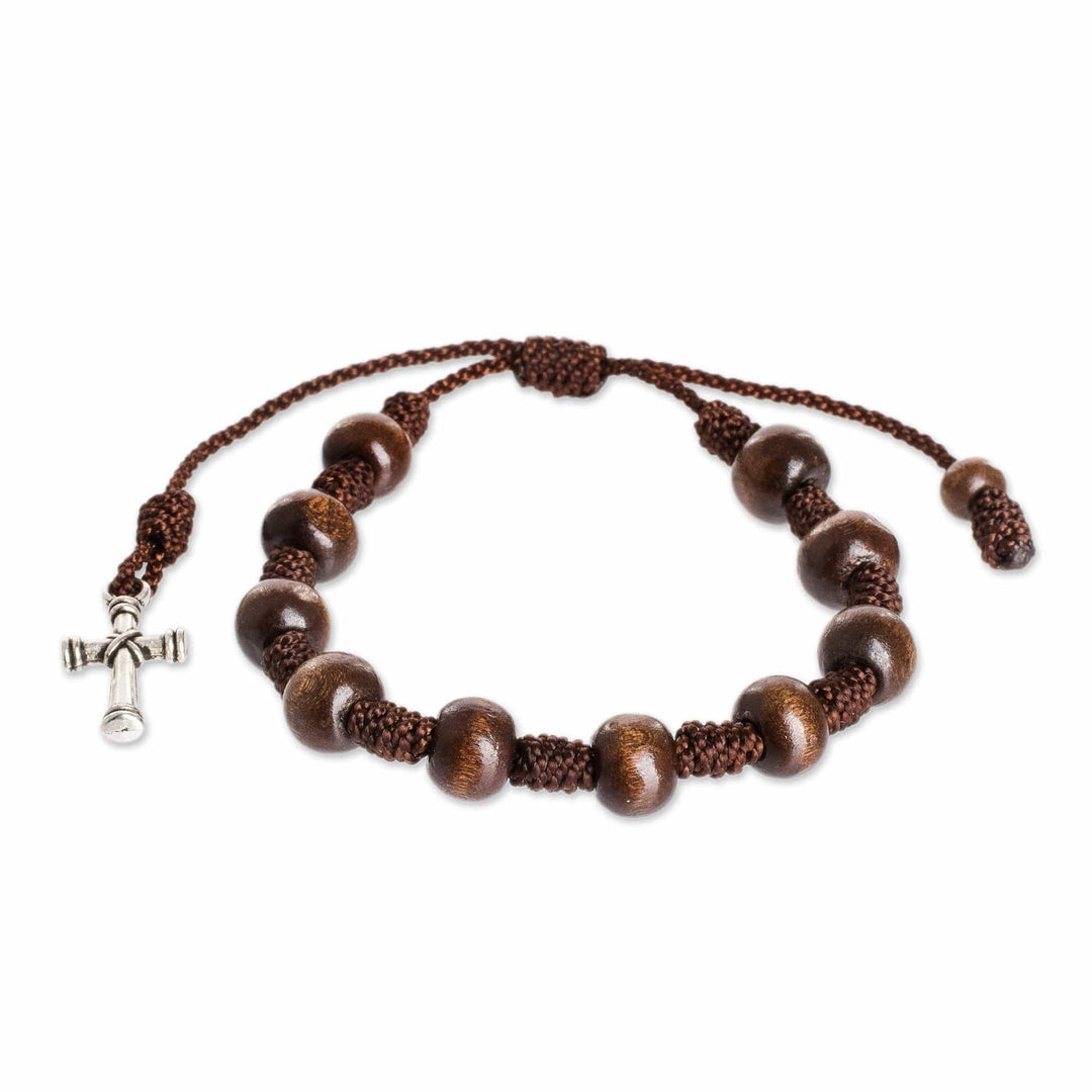 Wood Decennary Rosary Bracelet with Pewter Cross Charm - Holy Hope