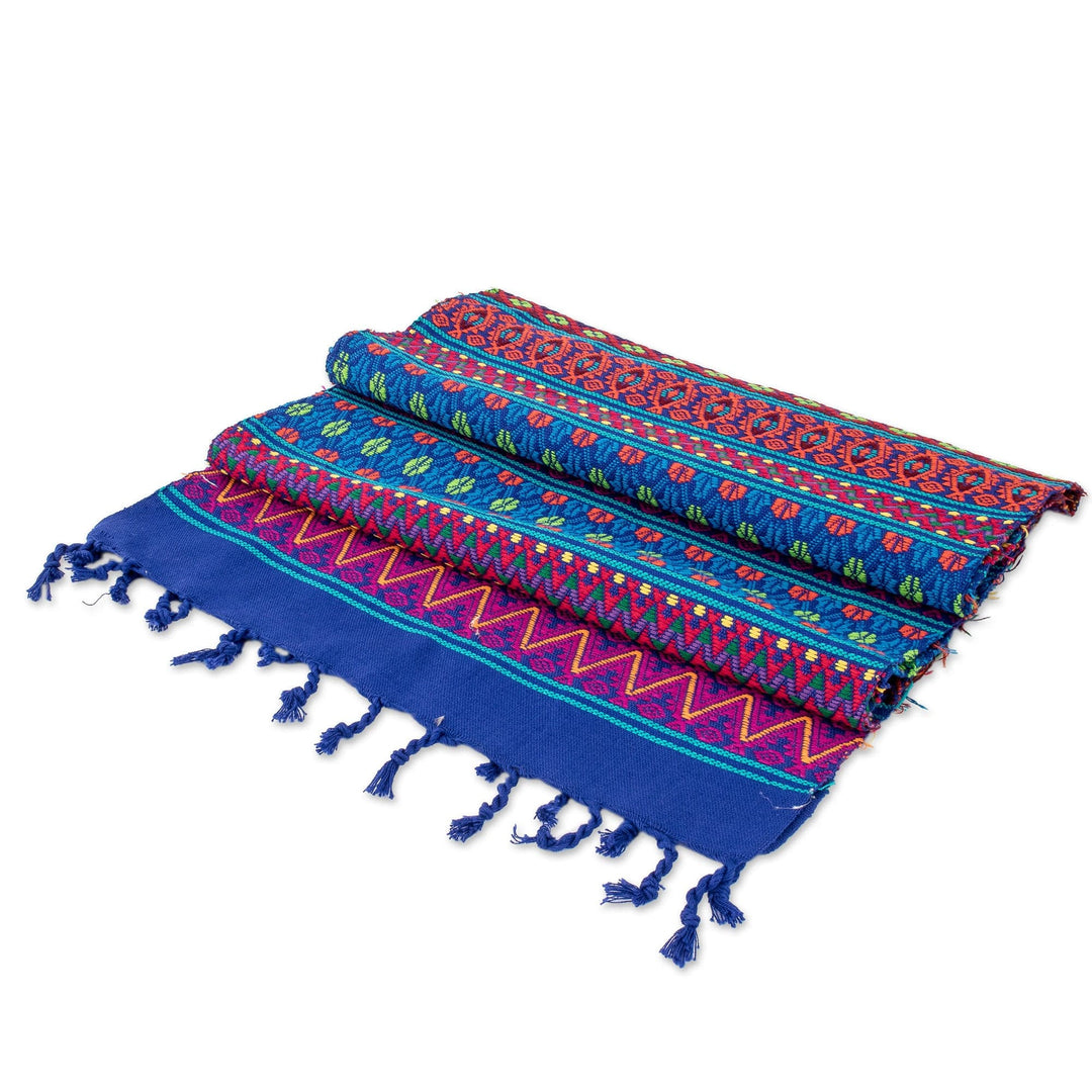 Multicolored Cotton Table Runner with Fringes - Azure Delight
