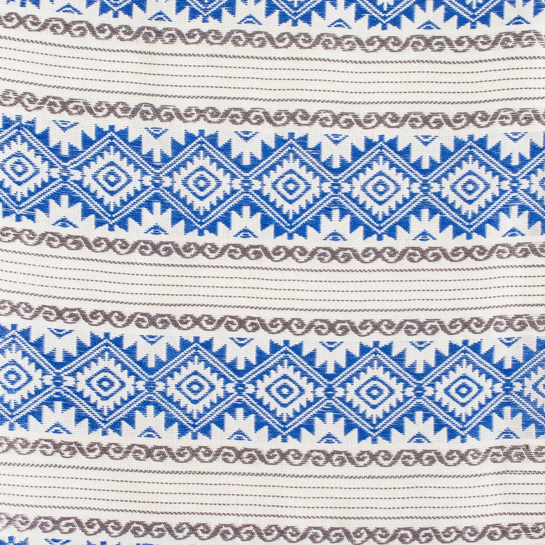Fringed Cotton Table Runner in Blue Ivory & Grey - Azure Diamond