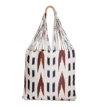 Hand-Woven Patterned Cotton Tote Bag in Ivory Blue and Brown - Casual Look