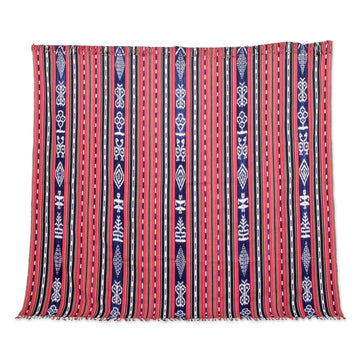 Red and Blue Striped Hand-Woven Cotton Throw Blanket - Rustic