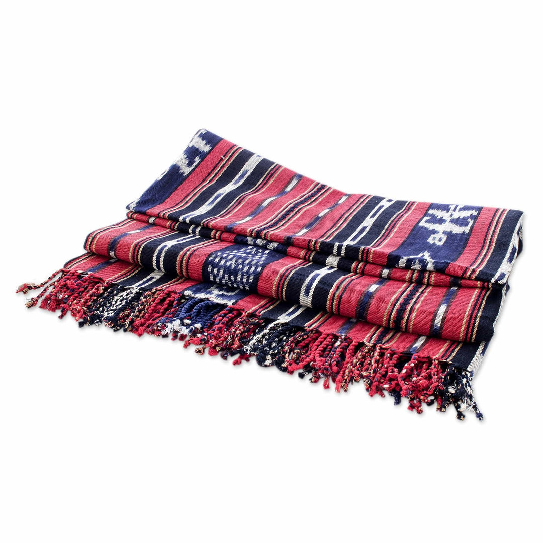 Red and Blue Striped Hand-Woven Cotton Throw Blanket - Rustic