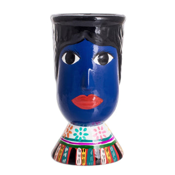 Blue Hand-Painted Double Face Ceramic Flower Pot - St. Anthony