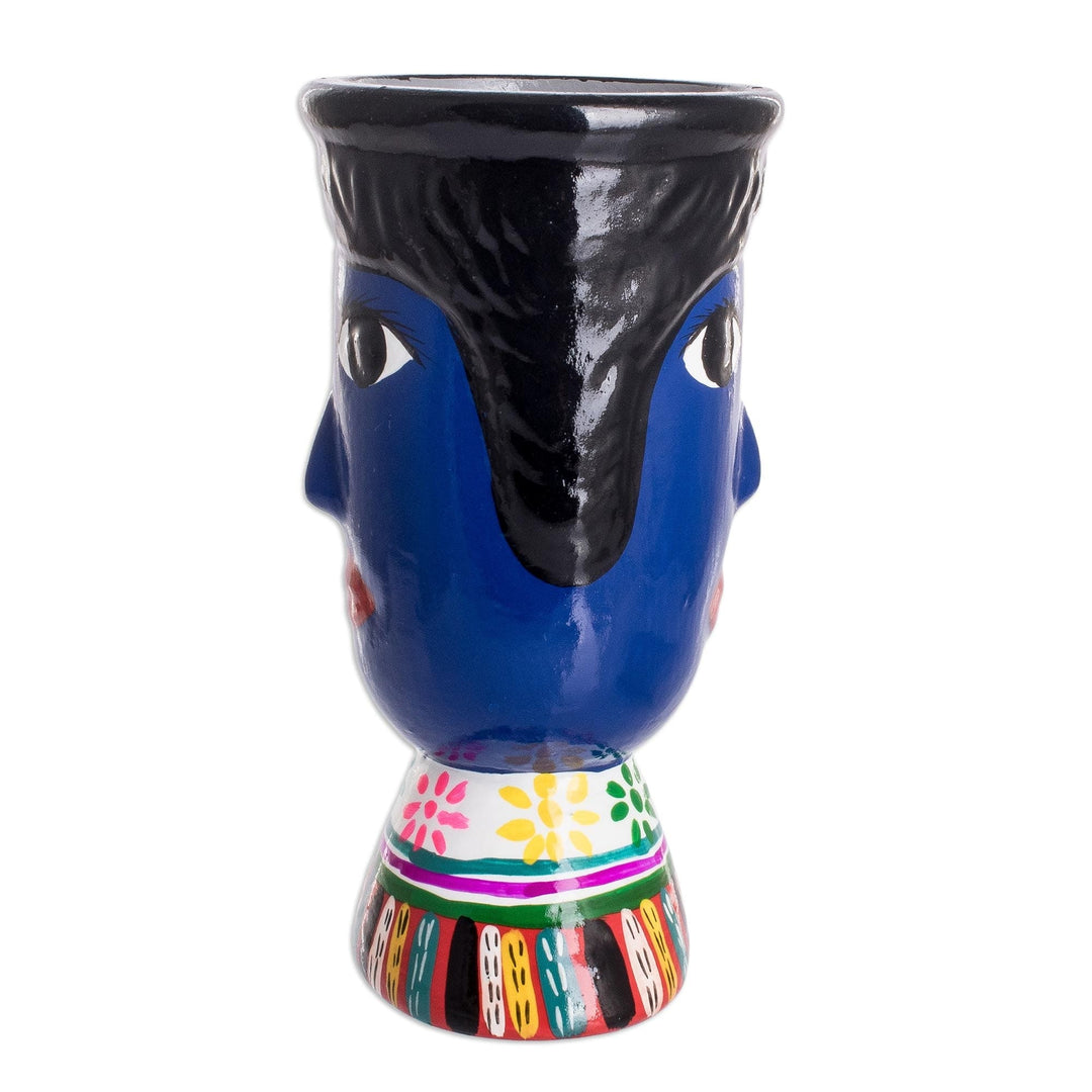 Blue Hand-Painted Double Face Ceramic Flower Pot - St. Anthony