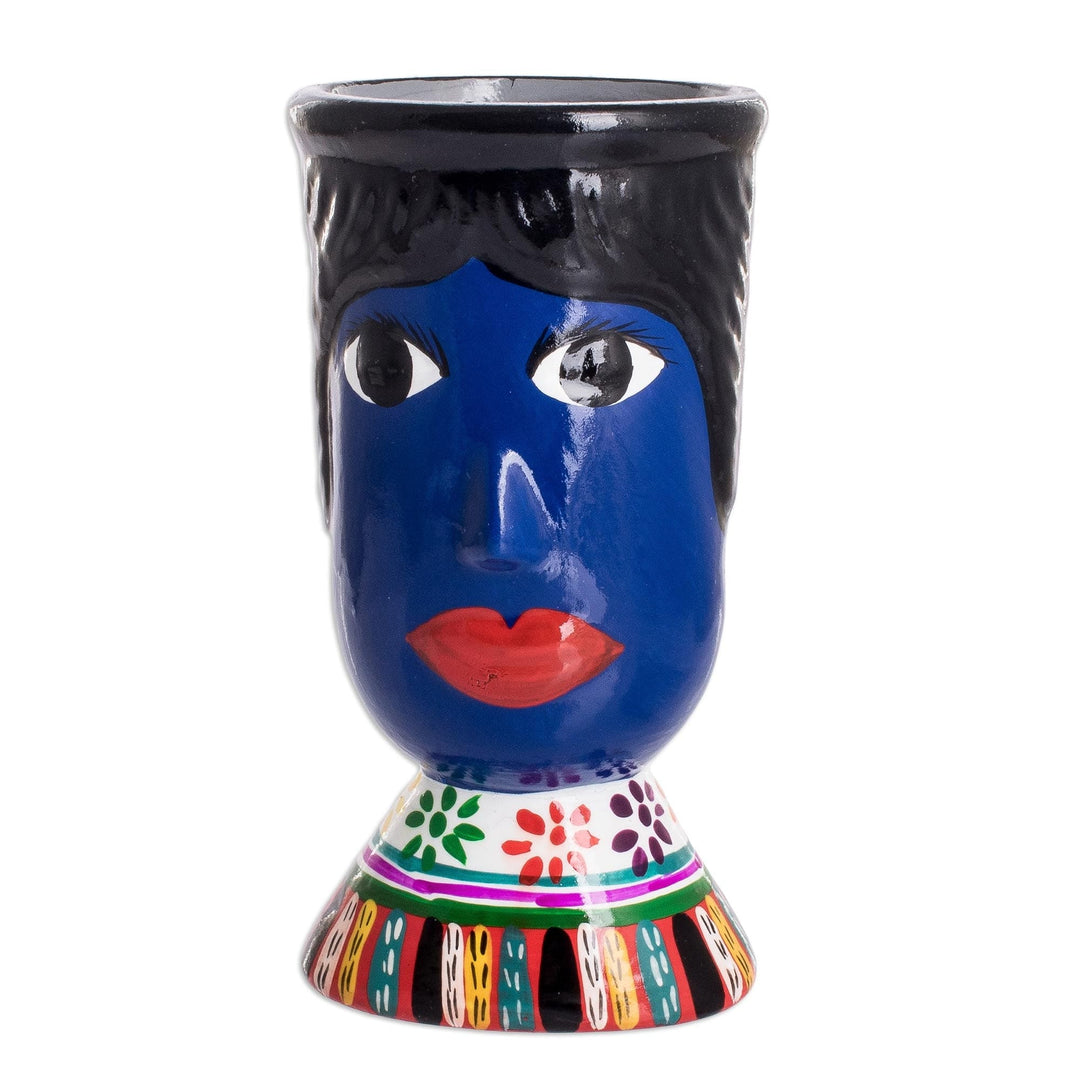 Blue Hand-Painted Double Face Ceramic Flower Pot - St. Anthony