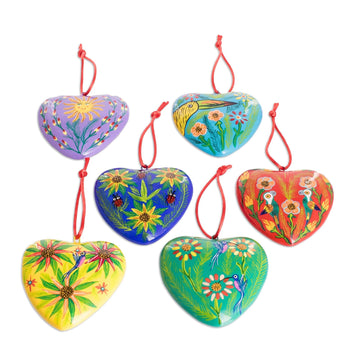 Set of 6 Hand-Painted Ceramic Ornaments with Cotton Bag - Hearts of Nature