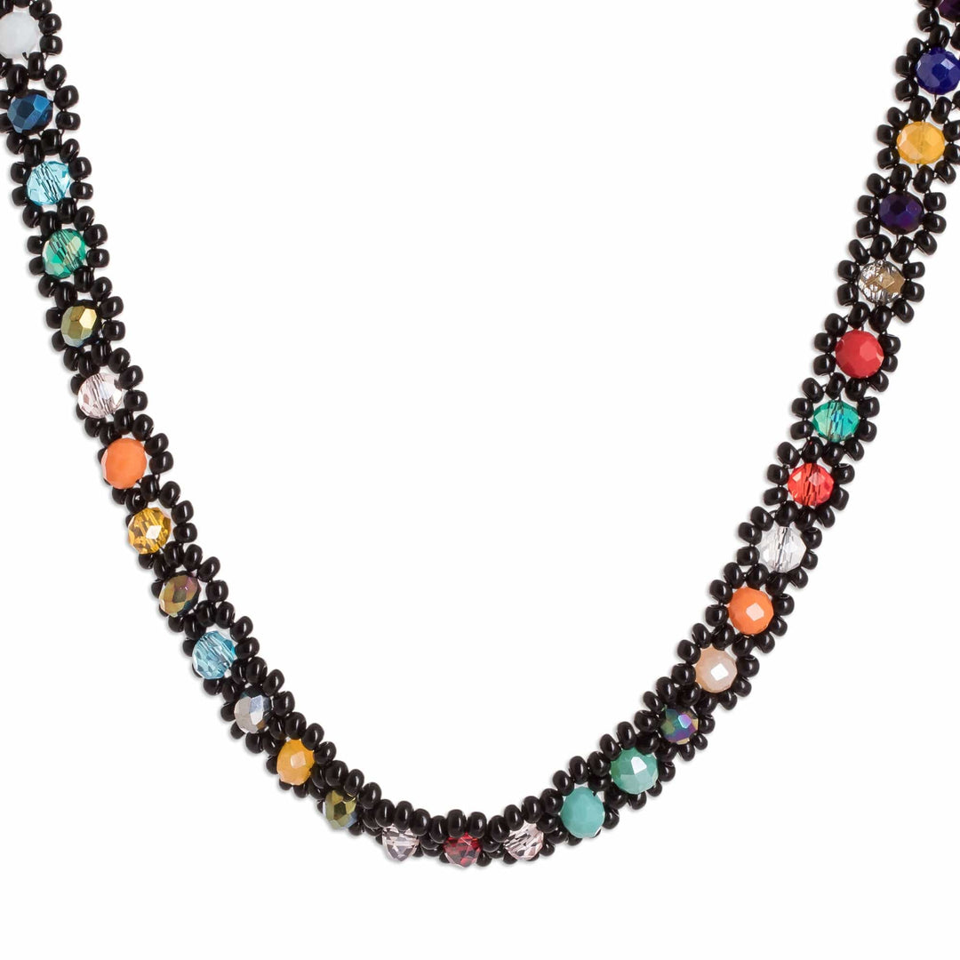 Black Beaded Necklace with Crystals in a Rainbow Palette - Rainbow Magic