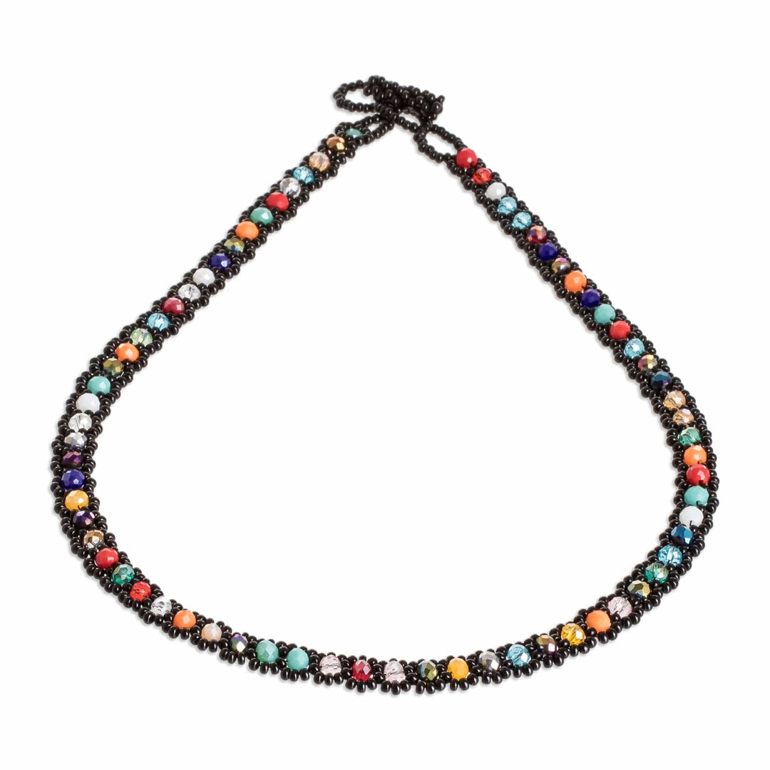 Black Beaded Necklace with Crystals in a Rainbow Palette - Rainbow Magic