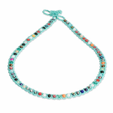 Turquoise Beaded Necklace with Crystals in a Rainbow Palette - Turquoise Magic