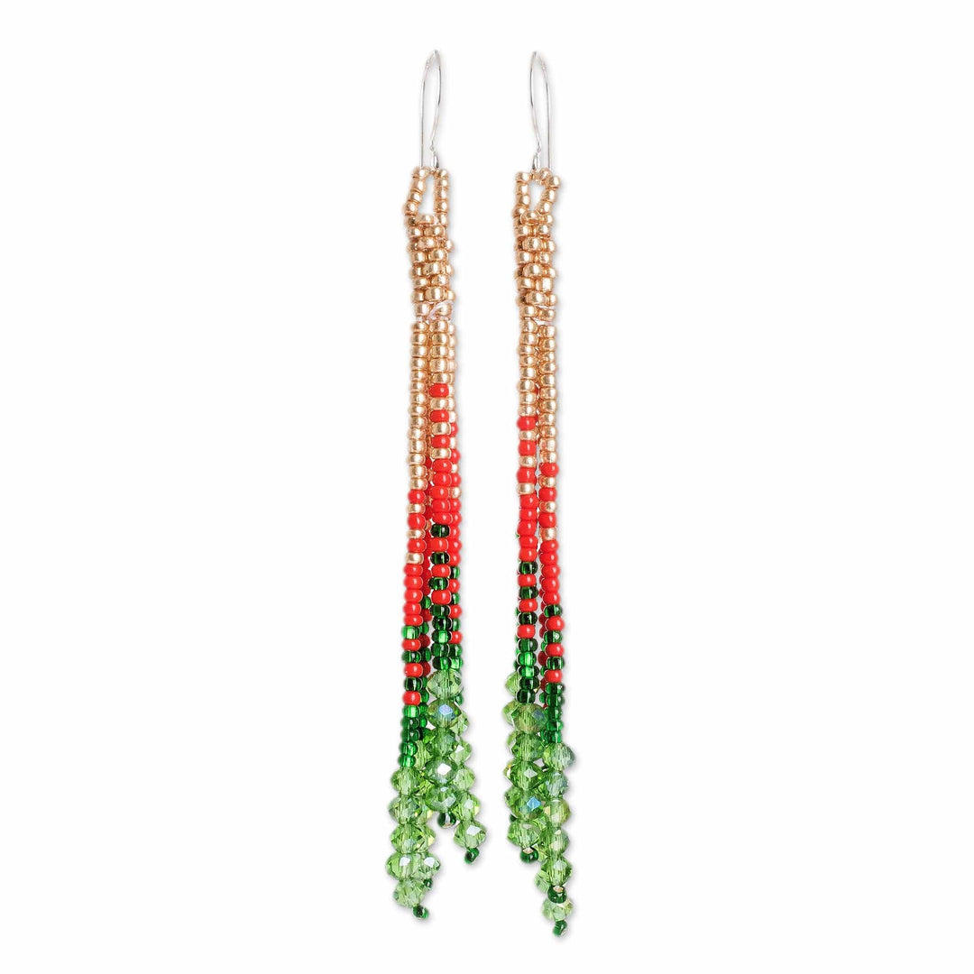 Crystal and Glass Beaded Dangle Earrings with Silver Hooks - Christmas Elegance