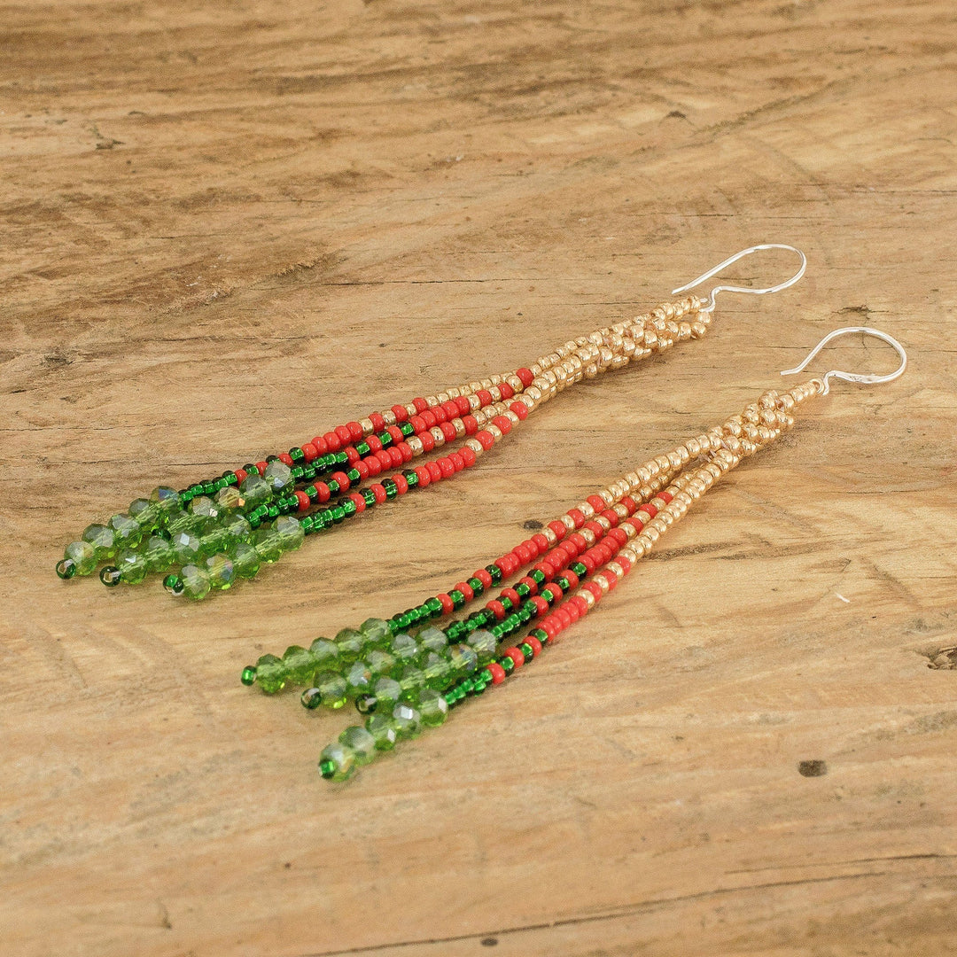 Crystal and Glass Beaded Dangle Earrings with Silver Hooks - Christmas Elegance