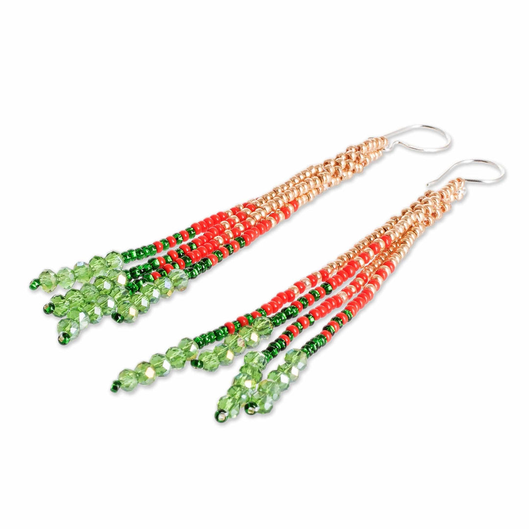 Crystal and Glass Beaded Dangle Earrings with Silver Hooks - Christmas Elegance