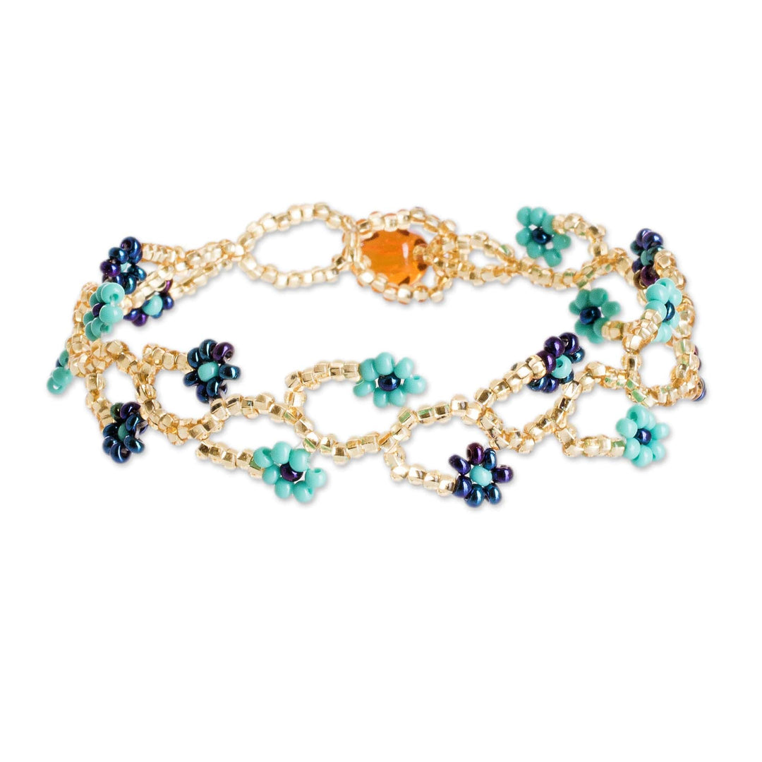 Glass Beaded Wristband Bracelet with Crystal Bead Closure - Intertwined in Blue