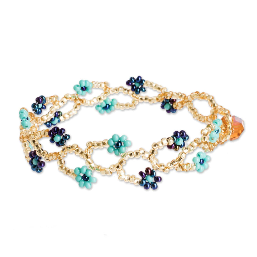 Glass Beaded Wristband Bracelet with Crystal Bead Closure - Intertwined in Blue