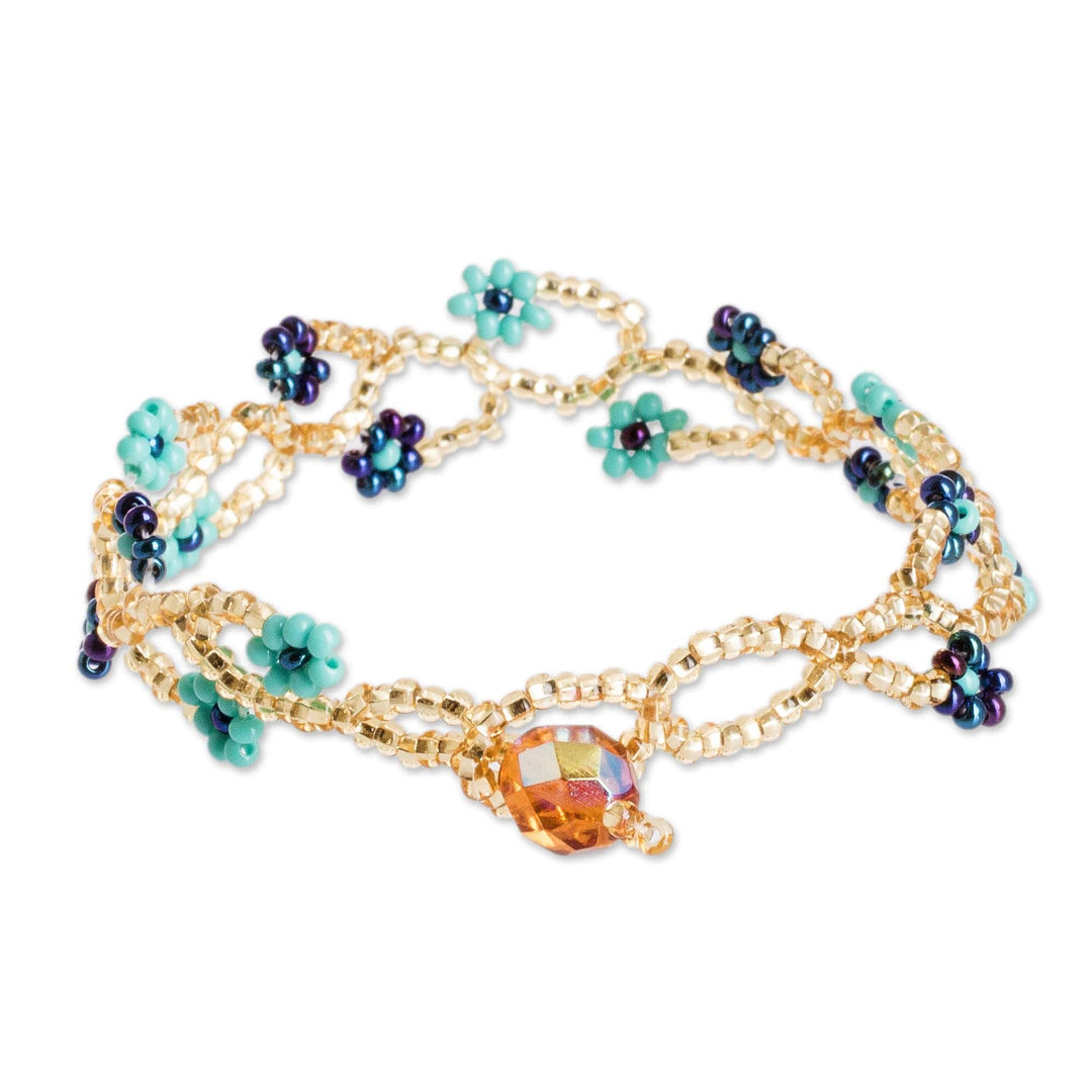 Glass Beaded Wristband Bracelet with Crystal Bead Closure - Intertwined in Blue