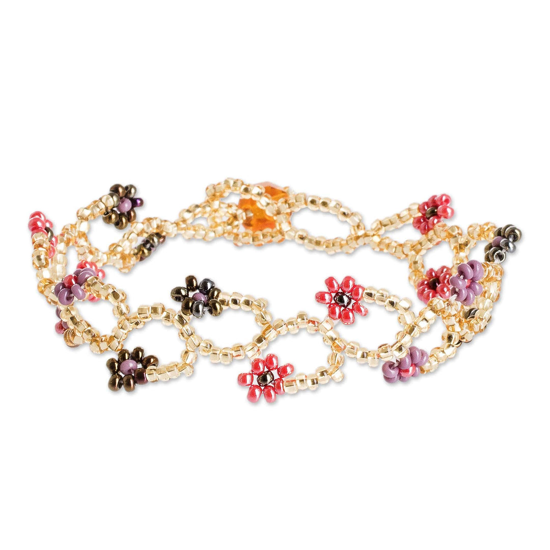 Glass Beaded Wristband Bracelet with Crystal Bead Closure - Intertwined in Pink