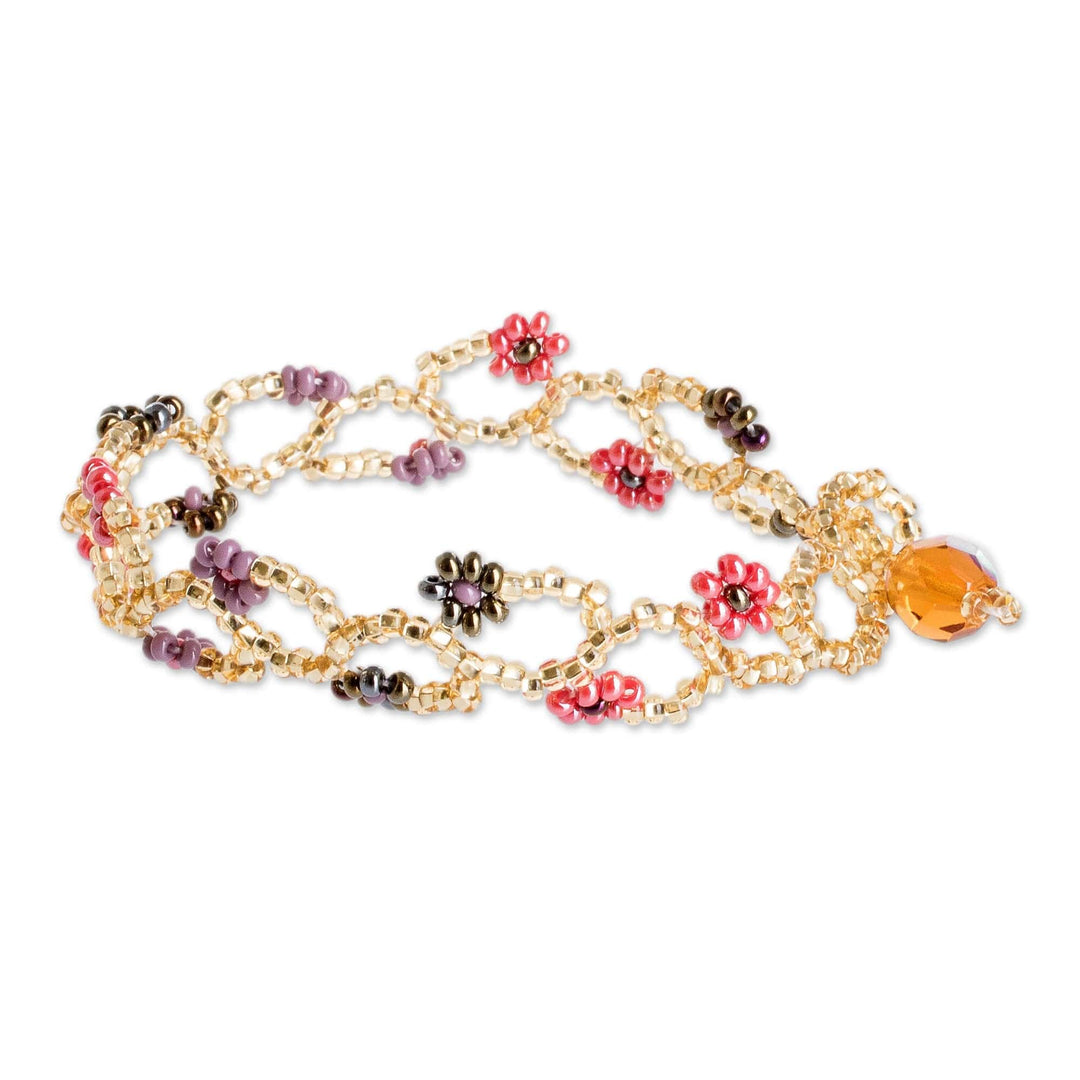 Glass Beaded Wristband Bracelet with Crystal Bead Closure - Intertwined in Pink