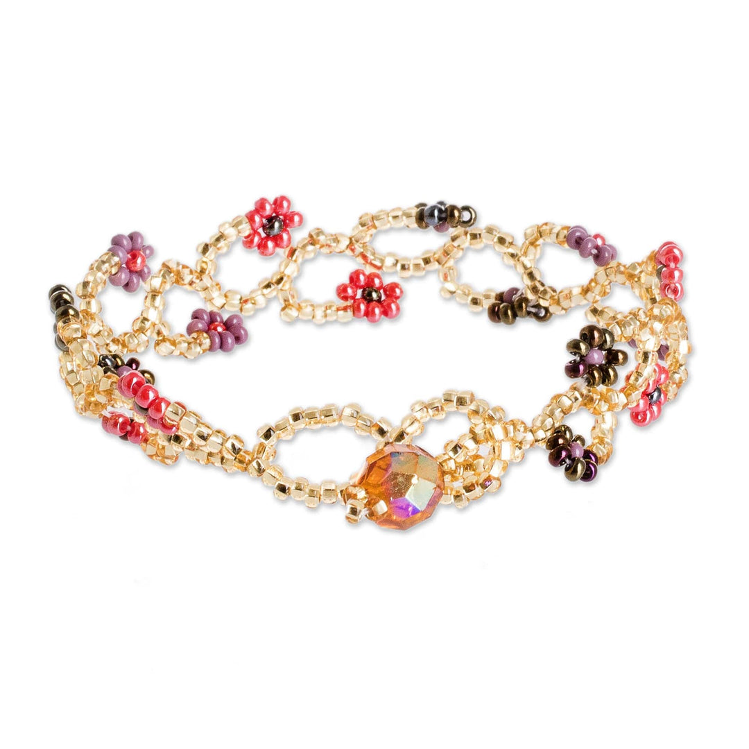 Glass Beaded Wristband Bracelet with Crystal Bead Closure - Intertwined in Pink