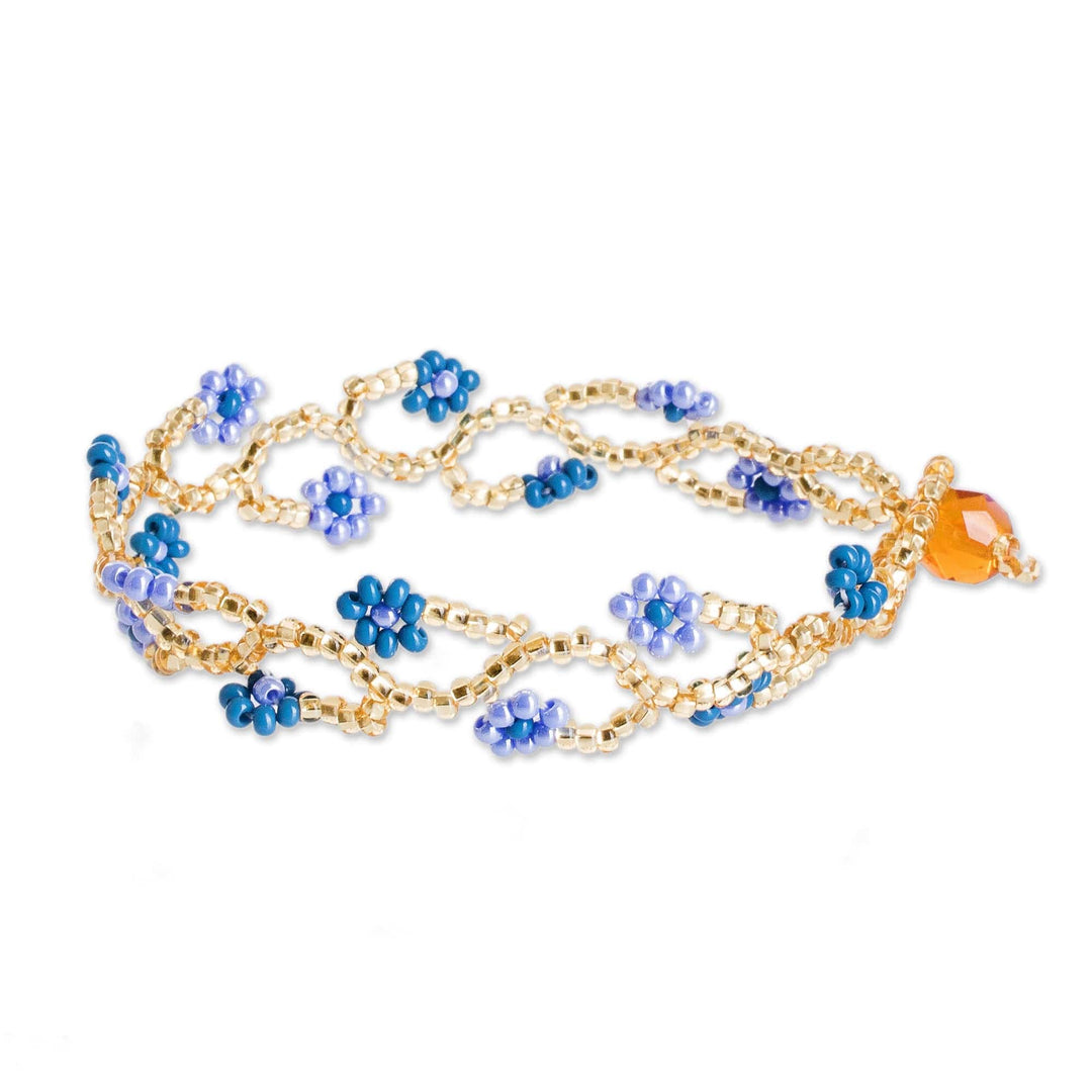 Floral Glass Beaded Wristband Bracelet Crafted - Blue Floral Hugs