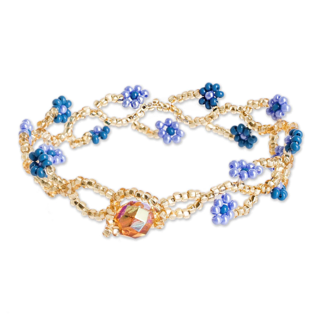 Floral Glass Beaded Wristband Bracelet Crafted - Blue Floral Hugs