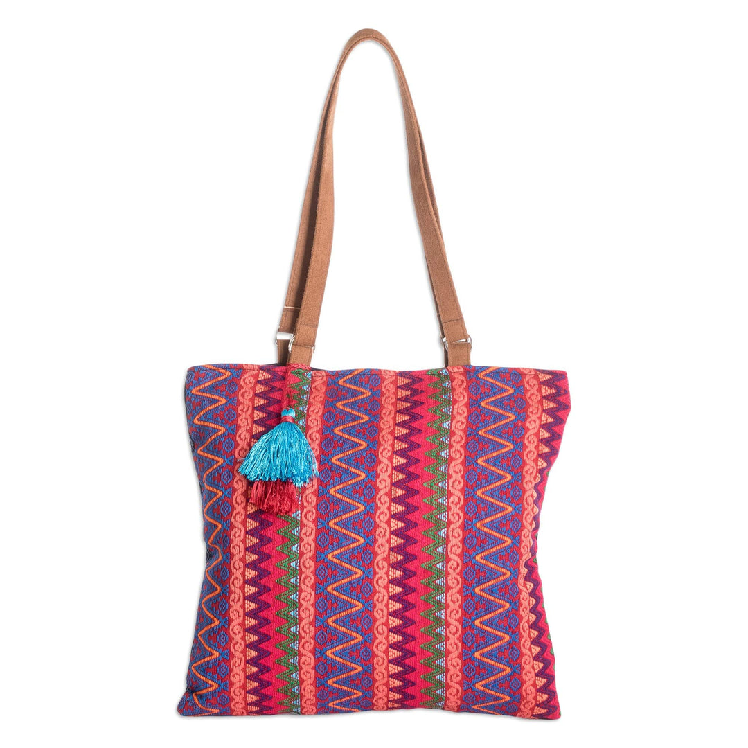 Hand-Woven Cotton Shoulder Bag with Suede Straps and Tassels - Fire Volcano
