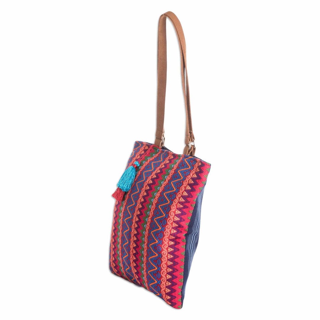 Hand-Woven Cotton Shoulder Bag with Suede Straps and Tassels - Fire Volcano
