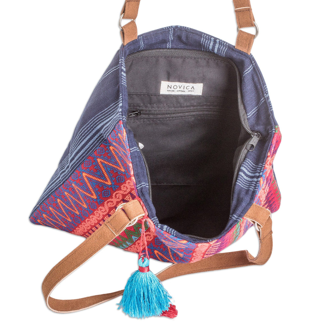 Hand-Woven Cotton Shoulder Bag with Suede Straps and Tassels - Fire Volcano