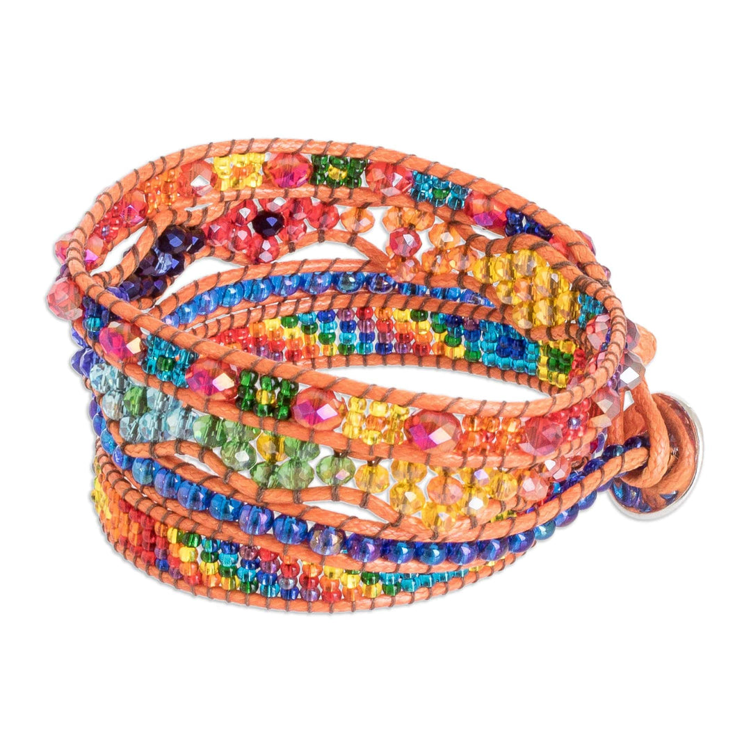 Crystal and Glass Beaded Wrap Bracelet with Orange Cord - Orange Synchrony
