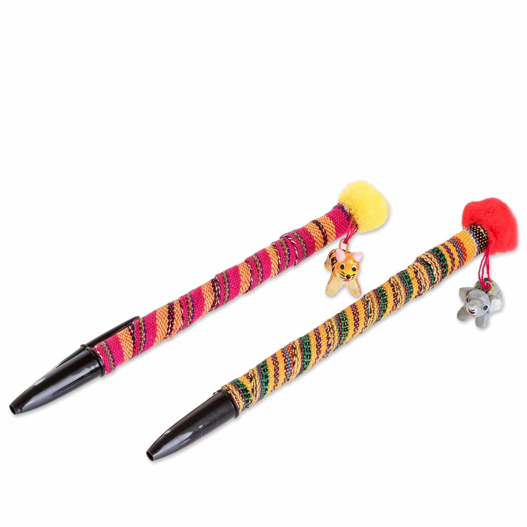 Set of 2 Colorful Cotton Ballpoint Pens with Ceramic Charms - Little Pets