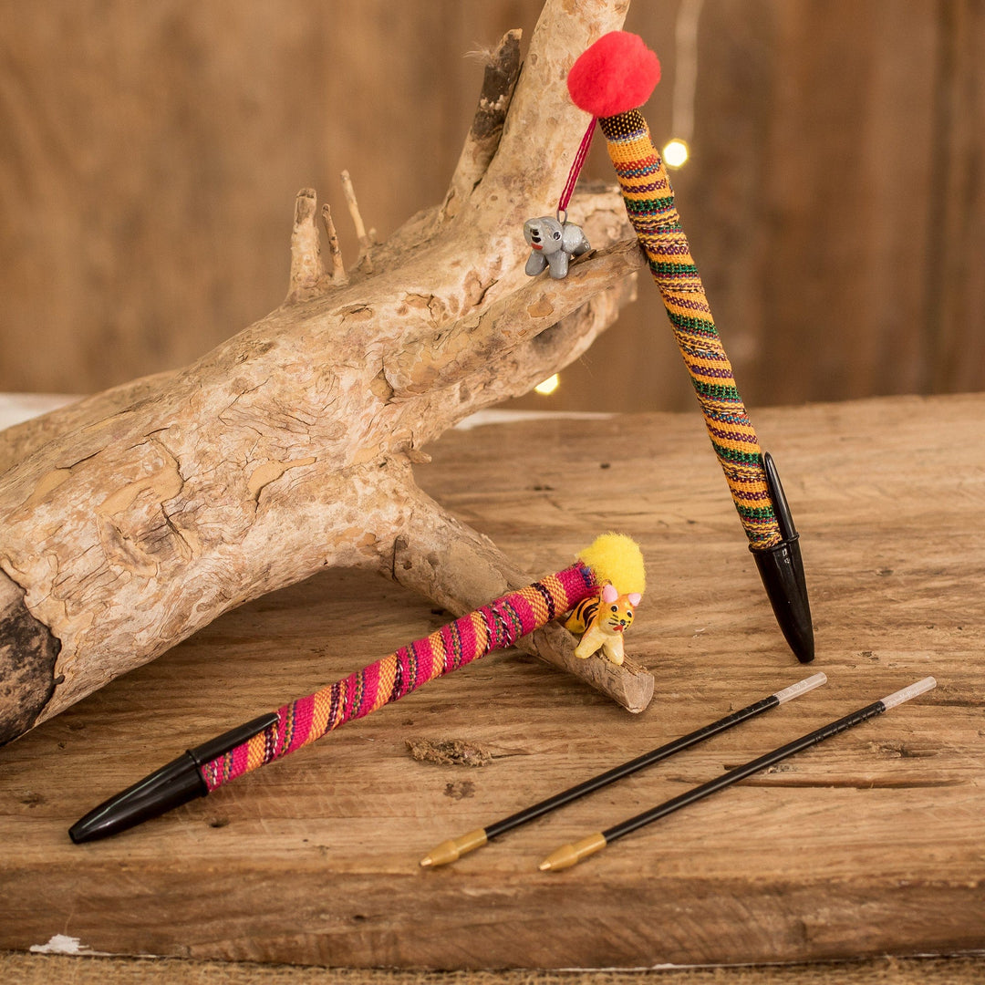 Set of 2 Colorful Cotton Ballpoint Pens with Ceramic Charms - Little Pets