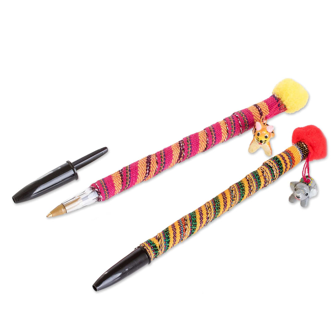 Set of 2 Colorful Cotton Ballpoint Pens with Ceramic Charms - Little Pets