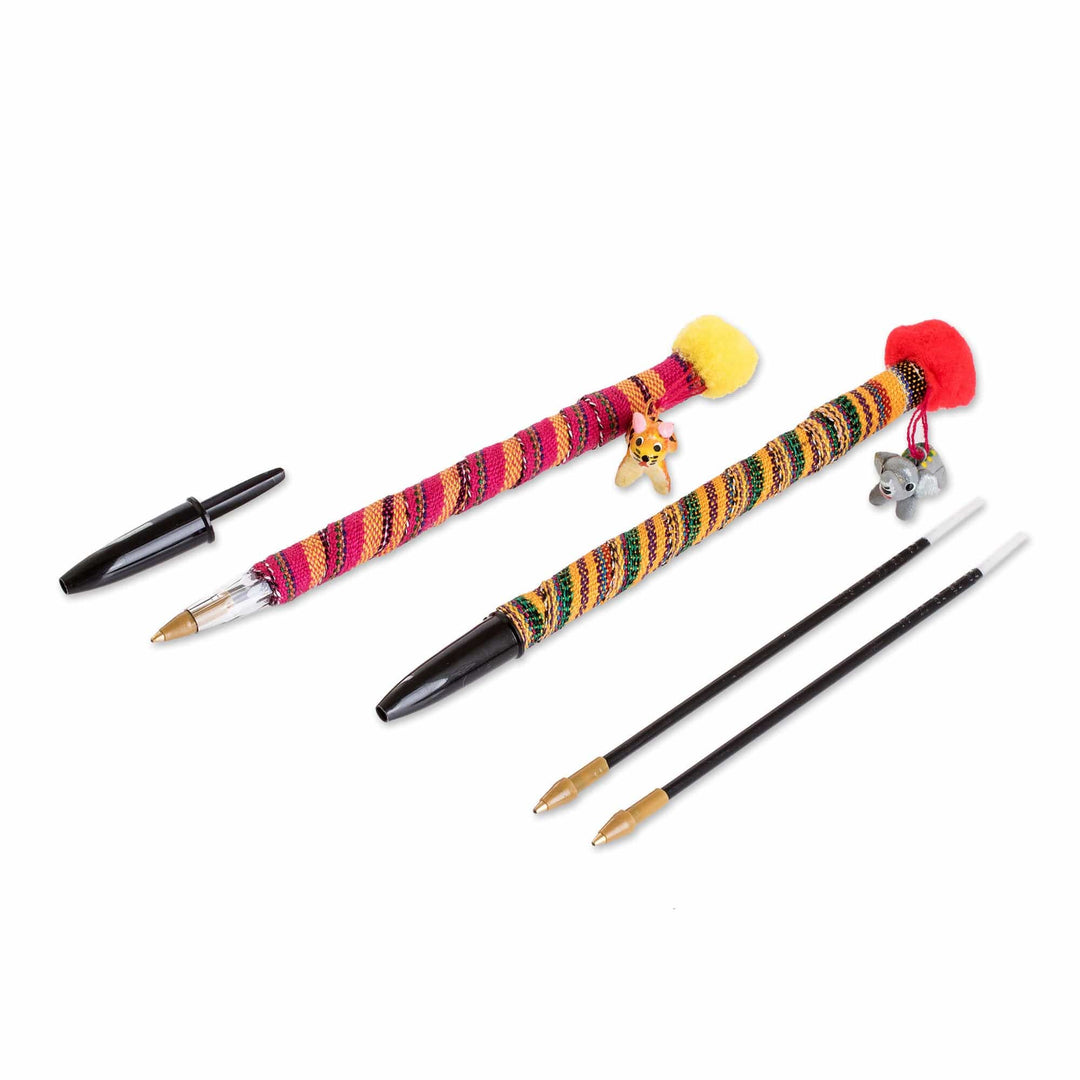 Set of 2 Colorful Cotton Ballpoint Pens with Ceramic Charms - Little Pets