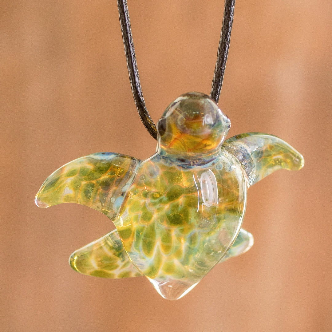 Art Glass Sea Turtle Pendant Necklace with Waxed Cotton Cord - Marine Aura