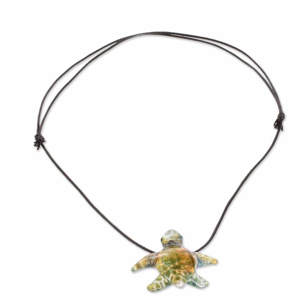 Art Glass Sea Turtle Pendant Necklace with Waxed Cotton Cord - Marine Aura