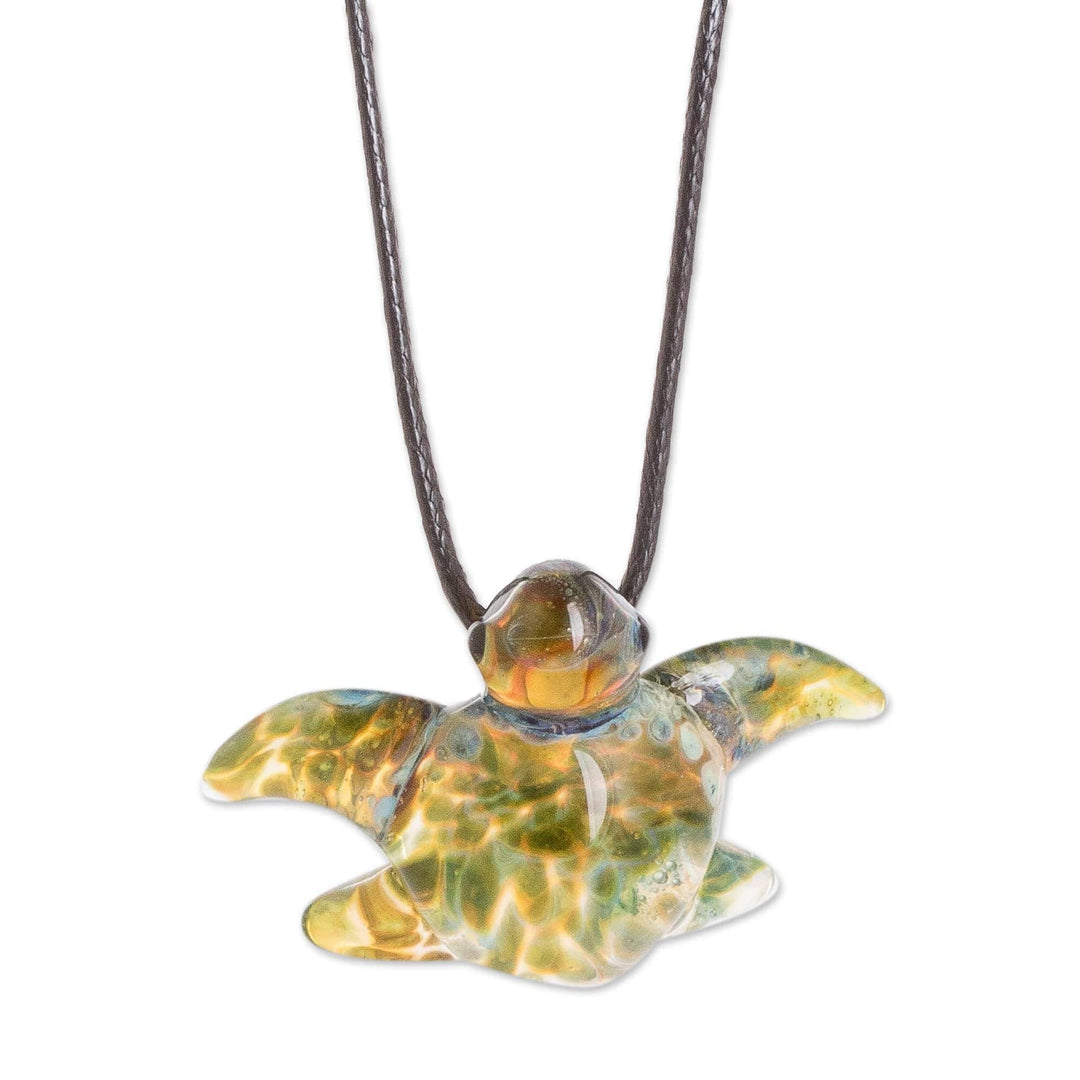 Art Glass Sea Turtle Pendant Necklace with Waxed Cotton Cord - Marine Aura