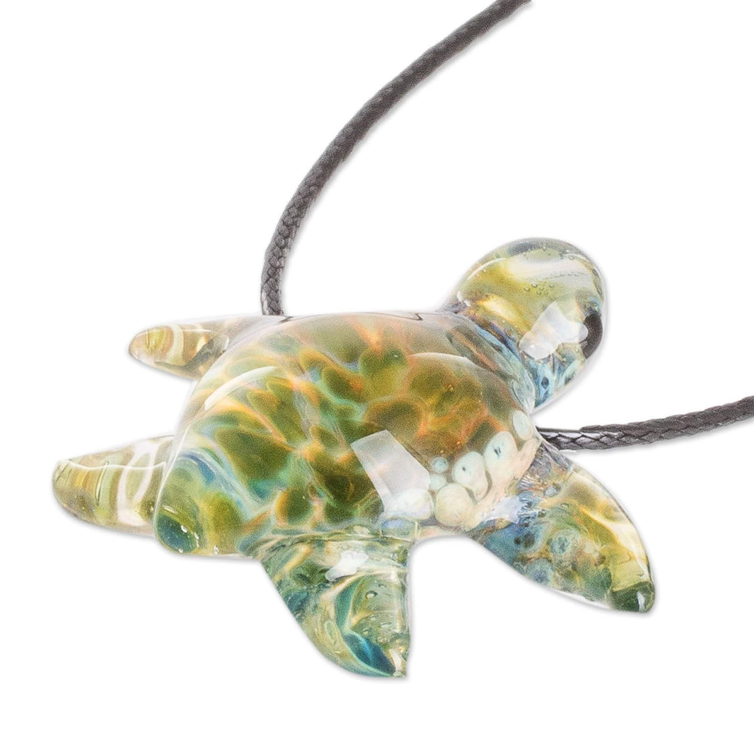 Art Glass Sea Turtle Pendant Necklace with Waxed Cotton Cord - Marine Aura