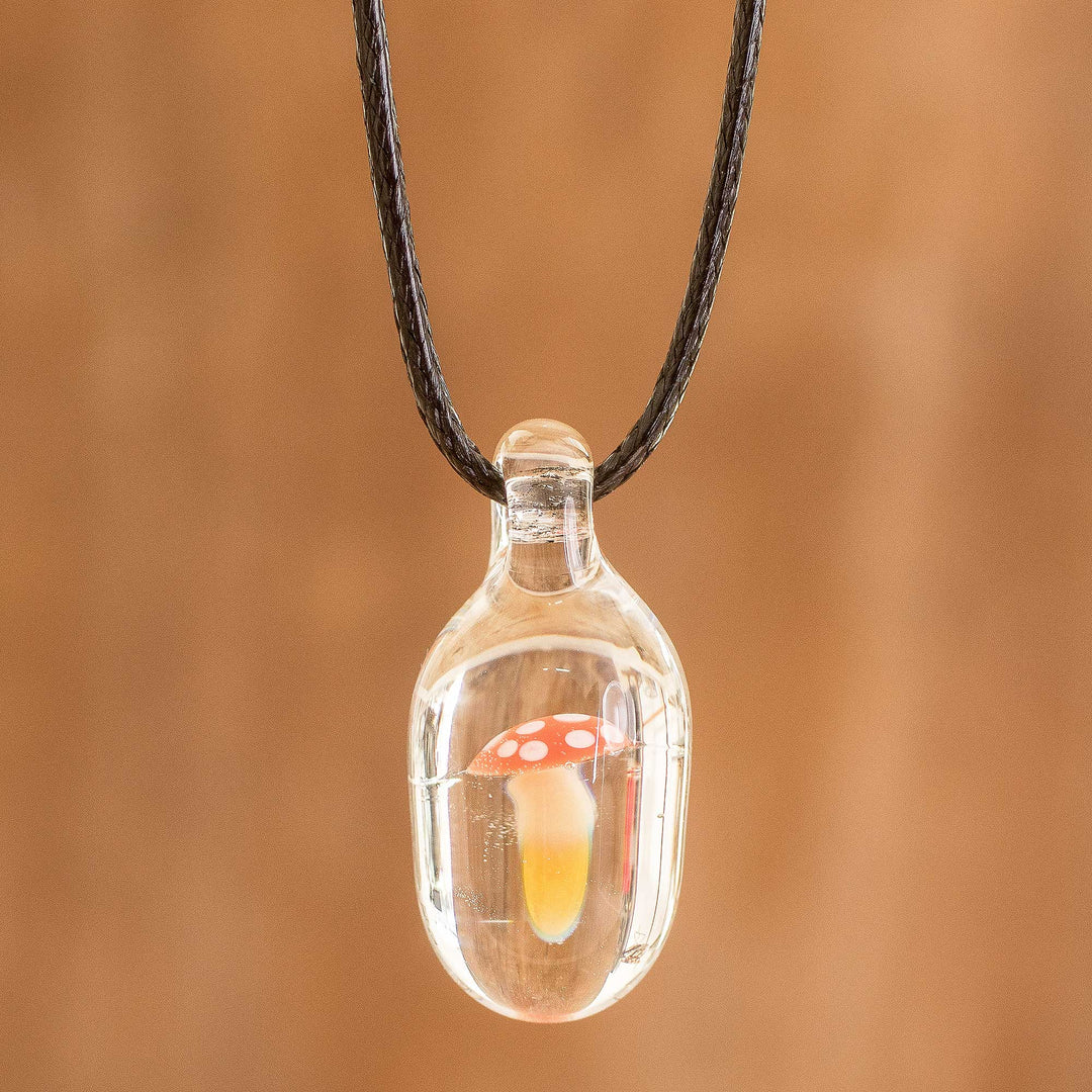 Adjustable Necklace with Art Glass Mushroom Pendant - Mushroom Core
