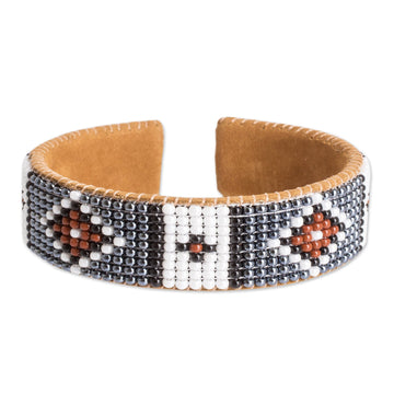 Black and Brown Glass Beaded Cuff Bracelet with Leather - Ancestor Diamonds