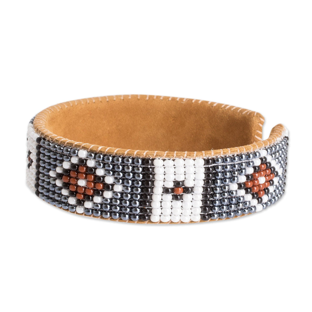 Black and Brown Glass Beaded Cuff Bracelet with Leather - Ancestor Diamonds