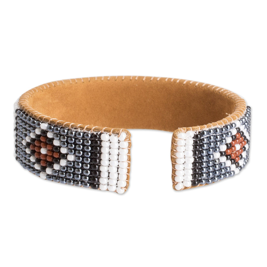 Black and Brown Glass Beaded Cuff Bracelet with Leather - Ancestor Diamonds