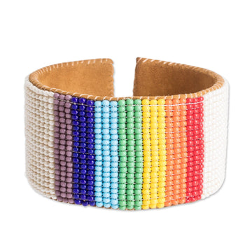 Rainbow Leather-Accented Glass Beaded Cuff Bracelet - Rainbow Revival