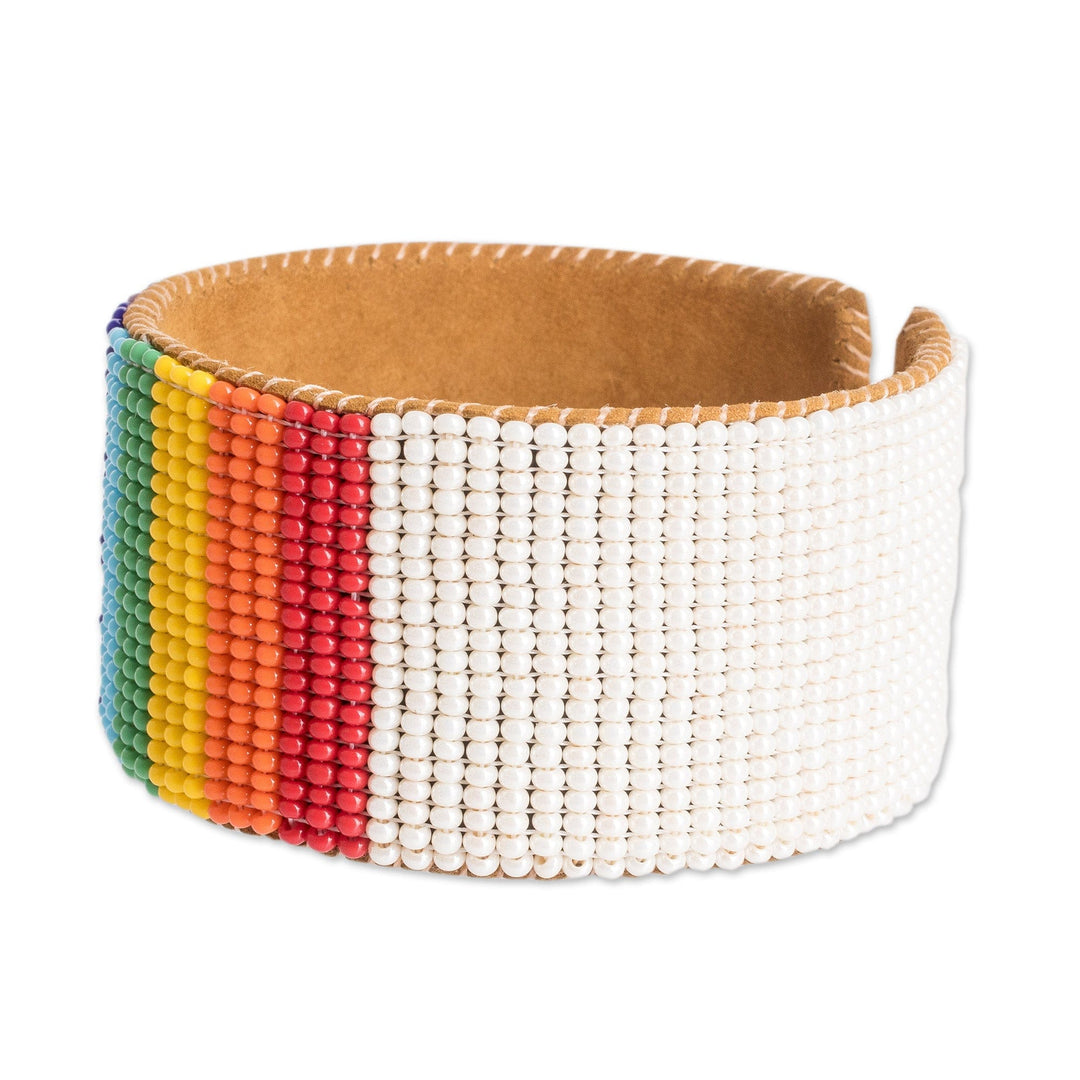 Rainbow Leather-Accented Glass Beaded Cuff Bracelet - Rainbow Revival
