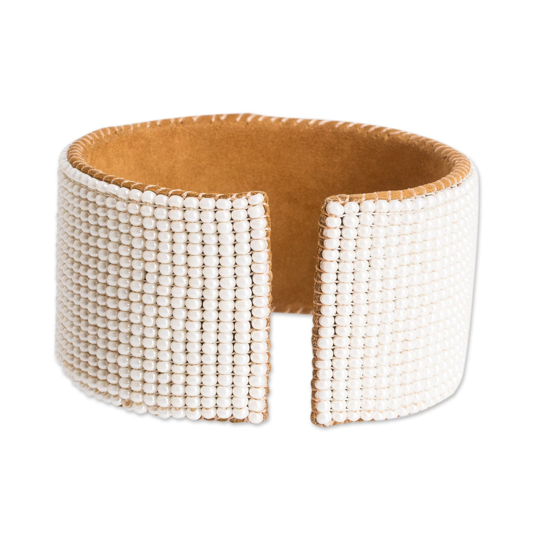 Rainbow Leather-Accented Glass Beaded Cuff Bracelet - Rainbow Revival