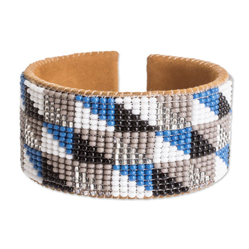 Modern Geometric Leather-Accented Glass Beaded Cuff Bracelet - Harmony Shapes