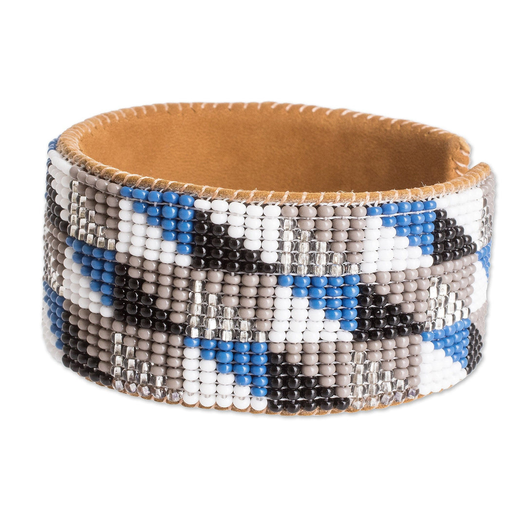 Modern Geometric Leather-Accented Glass Beaded Cuff Bracelet - Harmony Shapes