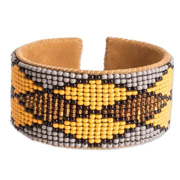 Warm Geometric Glass Beaded Cuff Bracelet with Leather - Sunny Geometry